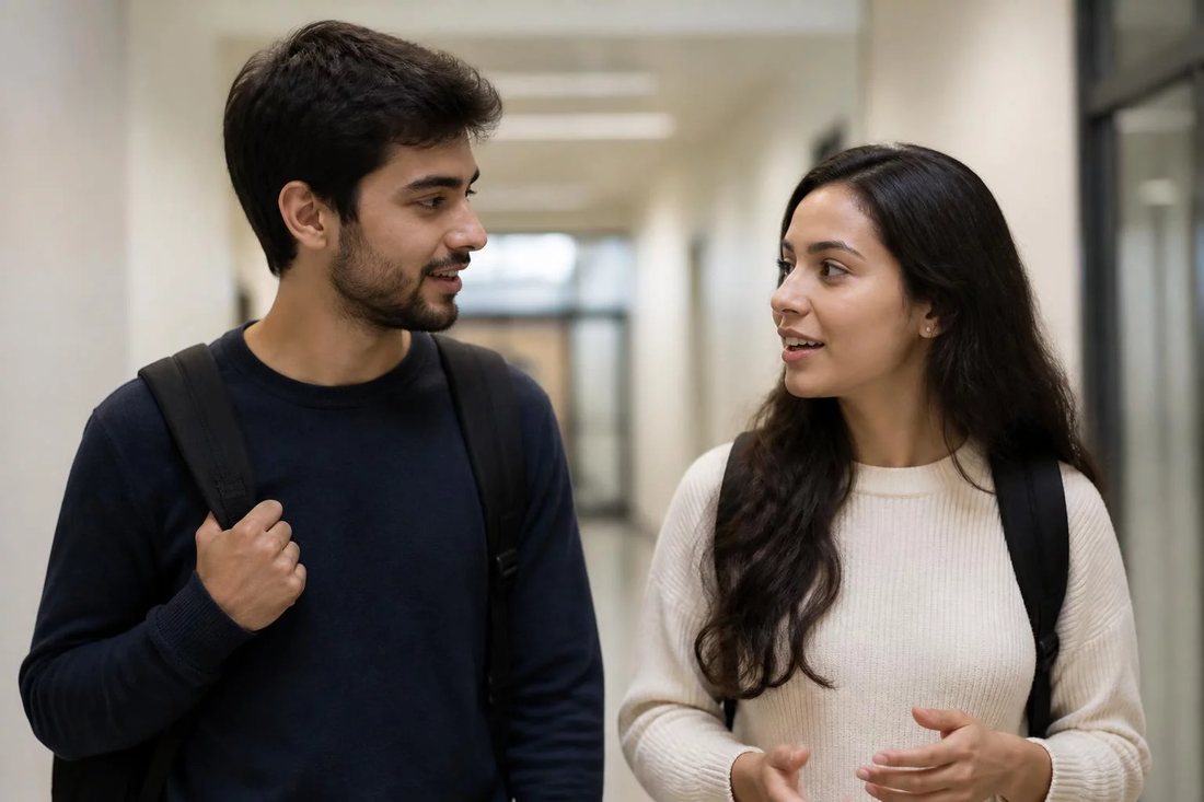Dois estudantes de mochila continuam a discussão no corredor depois da sessão