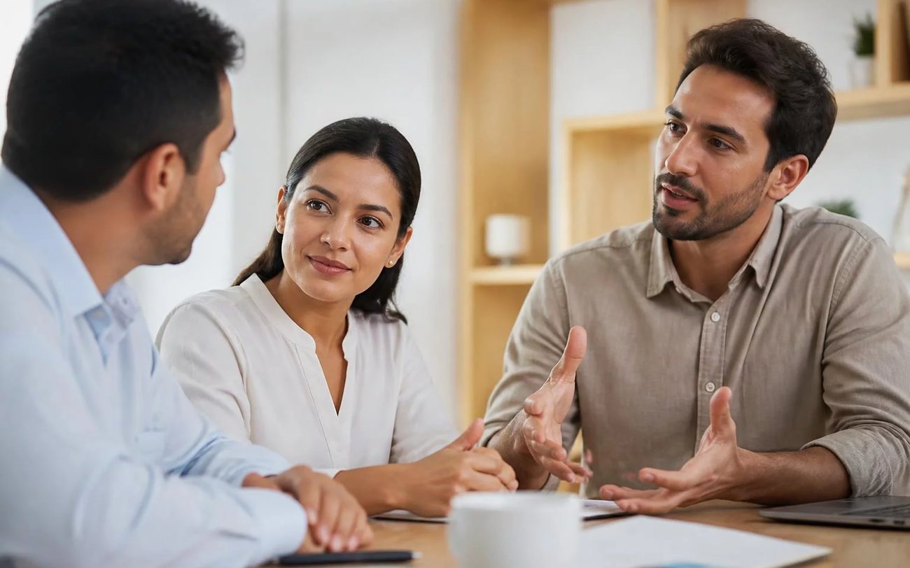 Roda de conversa numa sala clara, com uma pessoa expondo o ponto e duas escutando