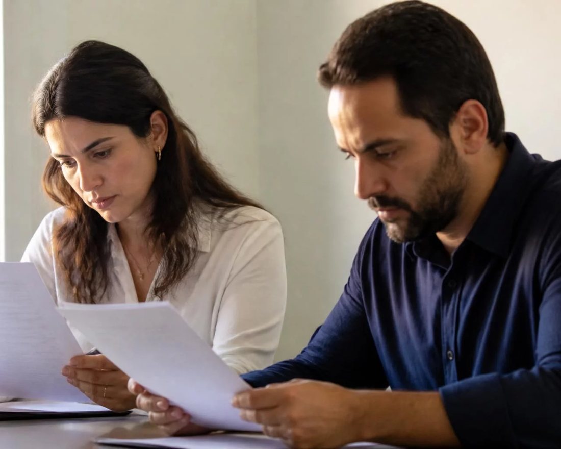 Dupla discute em pé entre as estantes de uma biblioteca, cada um sustentando o seu ponto