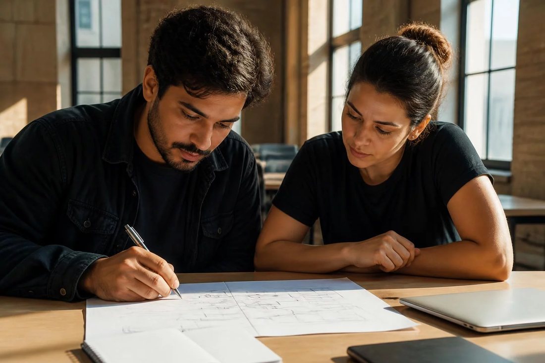 Dois participantes desenham a caneta o encadeamento de um argumento numa folha quadriculada